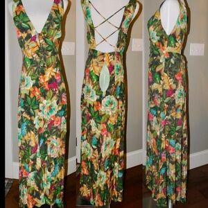 NWT Farm Rio Garden Dreams Floral Button Front Criss Cross BackMaxi Dress xs